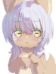  1other absurdres animal_ears blush clenched_hand furry furry_other highres horizontal_pupils long_hair looking_at_viewer made_in_abyss nanachi_(made_in_abyss) other_focus rabbit_ears sekaineko_001 simple_background solo tail upper_body whiskers white_background white_hair yellow_eyes 