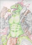  1boy 47reaperz absurdres animal_head bara bare_pectorals bulge caiman_(dorohedoro) clothes_writing colored_pencil_(medium) covered_penis cowboy_shot dagger dorohedoro dumpling food food_trail furrification furry furry_male gloves green_scales highres jacket jiaozi knife large_bulge large_pectorals male_focus male_underwear muscular muscular_male nipples open_fly pectorals red_male_underwear reptile_boy sheath sheathed solo strongman_waist traditional_media underwear weapon 
