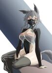  1girl absurdres animal_ear_fluff animal_ears black_leotard black_thighhighs breasts cleavage colored_eyelashes covered_mouth covered_navel fox_ears fox_tail ft_erzalove full-length_zipper grey_hair half_mask highleg highleg_leotard highres leotard long_hair long_sleeves looking_to_the_side mask medium_breasts mouth_mask neck_corset ninja_mask orange_eyes original simple_background sitting solo strapless strapless_leotard striped striped_thighhighs tail thighhighs thighs zipper zipper_pull_tab 