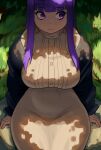  1girl absurdres black_robe breasts collar commentary curvy cut_bangs dappled_sunlight day dildo_reveal dress english_commentary fern_(sousou_no_frieren) frilled_collar frills highres large_breasts long_hair long_sleeves off_shoulder purple_eyes purple_hair rajah_(dajah) robe sitting solo sousou_no_frieren straight_hair sunlight white_dress 