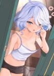  1girl alternate_costume black_shorts blue_hair breasts camisole collarbone colored_inner_hair cowboy_shot cowlick doormat drop-shaped_pupils dutch_angle fingernails furina_(genshin_impact) genshin_impact grey_hair hand_up heterochromia highres light_blue_hair medium_breasts mismatched_pupils multicolored_hair navel open_mouth opening_door pov_doorway short_hair short_shorts shorts single_off_shoulder sleep_bubble sleepy solo tearing_up twitter_username waking_up wavy_hair white_camisole yamayama3246 