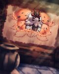  absurdres animal_focus blue_eyes blurry blurry_foreground bug commentary_request cross-shaped_pupils dappled_sunlight fire floating highres indoors moth multiple_wings no_humans pokemon signature sunlight symbol-shaped_pupils volcarona white_fur wings yu_(pocketsun636) 