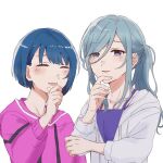  2girls blue_eyes blue_hair blush camisole closed_eyes commentary_request hair_between_eyes hand_on_own_chin hinomori_shizuku hood hood_down hooded_jacket hoodie jacket kiritani_haruka light_blue_hair long_hair long_hair_between_eyes long_sleeves looking_at_viewer lower_teeth_only multiple_girls open_clothes open_jacket open_mouth parted_lips partial_commentary pink_hoodie project_sekai purple_camisole short_hair sidelocks simple_background teeth upper_body white_background white_jacket yarou_(0tyaro) 