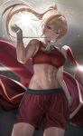 1girl abs absurdres bandages bangs bare_arms bare_shoulders blonde_hair blush boxing_shorts breasts closed_mouth highres large_breasts long_hair looking_at_viewer navel original ponytail purple_eyes red_shorts red_sports_bra shorts silvertsuki solo sports_bra spotlight 