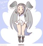  1girl animal_hood arms_up blue_background boots coroha full_body giant_penguin_(kemono_friends) gloves grey_hair headphones hood hoodie jumping kemono_friends long_hair looking_at_viewer penguin_girl penguin_hood penguin_tail simple_background skirt socks solo tail 