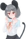  1boy 1girl :o animal_ears bangs blue_capelet blush breasts breasts_out capelet commentary_request cowboy_shot dakuazu grey_hair grey_skirt hetero highres long_sleeves mouse_ears mouse_girl mouse_tail naizuri nazrin nipples open_clothes open_mouth open_shirt paizuri penis red_eyes shirt short_hair simple_background skirt small_breasts solo_focus tail touhou white_background white_shirt 