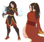  1girl armor ass avatar:_the_last_airbender avatar_legends azula barefoot black_hair blue_fire breasts cheshirrr fire highres long_hair long_sleeves medium_breasts red_robe red_sash robe sash seiza sitting very_long_hair yellow_eyes 