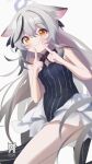  1girl animal_ears artist_logo bare_shoulders black_dress blue_archive blush closed_mouth covered_navel cryne dress grey_hair grey_halo halo highres kokona_(blue_archive) long_hair looking_at_viewer orange_eyes simple_background smile solo striped striped_dress tiger_ears vertical-striped_dress vertical_stripes white_background 