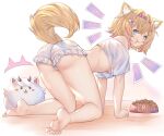  all_fours angry animal_ears ass blonde_hair cat_ears crop_top fox_tail highres hololive hololive_english honkivampy looking_at_viewer mococo_abyssgard multicolored_hair perroccino_(fuwamoco) pout puffed_cheeks short_shorts shorts tail two-tone_hair 