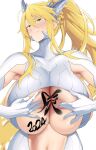  1girl 2024 artoria_pendragon_(fate) artoria_pendragon_(lancer_alter)_(fate) artoria_pendragon_(lancer_alter)_(fate)_(cosplay) artoria_pendragon_(swimsuit_ruler)_(fate) blonde_hair blush body_writing bodysuit braid breasts center_opening cosplay fate/grand_order fate_(series) french_braid hair_between_eyes horns huge_breasts long_hair looking_at_viewer navel ponytail revealing_clothes ribbed_bodysuit sideboob sidelocks soba_(saz) translation_request underboob white_bodysuit yellow_eyes 
