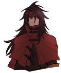  1boy black_hair black_shirt clawed_gauntlets cloak closed_mouth cropped_torso final_fantasy final_fantasy_vii hair_between_eyes headband high_collar highres long_hair looking_to_the_side male_focus messy_hair nitoya_00630a red_cloak red_eyes red_headband serious shirt solo vincent_valentine white_background 
