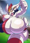  2022 absurd_res anthro areola big_breasts big_butt bottomwear breasts butt cinderace clothed clothing female generation_8_pokemon hi_res huge_breasts huge_butt huge_thighs looking_at_viewer looking_back nintendo nipples open_mouth pink_areola pink_nipples pokemon pokemon_(species) pupils red_eyes solo thick_thighs topless toto_draw video_games white_body yellow_pupils 