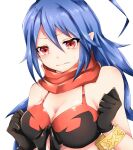  1girl artist_request bikini bikini_top_only black_gloves blue_hair bracelet breasts cleavage disgaea disgaea_d2 genderswap genderswap_(mtf) gloves hair_between_eyes highres jewelry laharl-chan large_breasts long_hair pointy_ears red_eyes scarf simple_background solo swimsuit very_long_hair white_background 