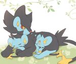  =_= animal_focus blush closed_eyes colored_sclera commentary_request day eye_contact family flat_color from_side full_body grass happy light_blush looking_at_another looking_down looking_up luxray no_humans on_ground open_mouth outdoors pio_(piopio_poke) pokemon pokemon_(creature) red_sclera ringed_eyes shinx sitting sketch sleeping smile yellow_eyes 
