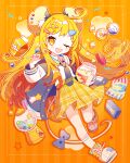  1girl ;d animal_ears blonde_hair bow candy coat food full_body gumball_machine half-closed_eyes highres holding holding_candy holding_food holding_lollipop lollipop milk_carton mouse_ears mouse_girl mouse_tail one_eye_closed open_mouth orange_theme original saijo1201 skirt smile solo tail tail_bow tail_ornament teeth upper_teeth_only yellow_background yellow_eyes yellow_skirt 