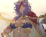 1girl 1other 91007 animal_ears bandage_over_one_eye breasts brown_background cat_ears cleavage commentary_request dark-skinned_female dark_skin fire_emblem fire_emblem:_radiant_dawn green_eyes horns large_breasts medium_hair nailah_(fire_emblem) parted_lips purple_hair teeth upper_body watermark 