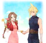  1boy 1girl aerith_gainsborough ahoge bandaged_arm bandages bangle bare_shoulders belt blonde_hair blue_eyes blue_pants blue_shirt blush bracelet braid braided_ponytail breasts brown_belt brown_hair buttons choker cleavage closed_mouth cloud_strife cowboy_shot cropped_jacket dress final_fantasy final_fantasy_vii flower green_eyes hair_between_eyes hair_ribbon hetero holding holding_flower holding_hands jacket jewelry krudears lily_(flower) long_dress long_hair medium_breasts open_mouth pants parted_bangs pink_dress pink_ribbon puffy_short_sleeves puffy_sleeves red_jacket ribbon ribbon_choker shirt short_hair short_sleeves sidelocks single_braid sleeveless sleeveless_turtleneck smile spiked_hair turtleneck wavy_hair yellow_flower 