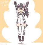  1girl african_penguin_(kemono_friends) animal_hood arms_up black_hair boots coroha full_body gloves headphones hood jumping kemono_friends leotard long_hair looking_at_viewer orange_background penguin_girl penguin_hood penguin_tail pink_hair simple_background solo tail thighhighs white_hair 