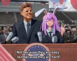 1boy 1girl animal_ears blue_jacket brown_hair closed_eyes cloud commentary day english_commentary english_text formal grey_necktie jacket john_f._kennedy long_hair microphone necktie outdoors people politician purple_hair rabbit_ears rabbit_girl real_life reisen_udongein_inaba short_hair stadium suit suit_jacket touhou vanilla_flan very_short_hair vintage_microphone 