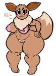  absurd_res anthro areola big_breasts big_tail black_eyes blush bottom_heavy breasts brown_body brown_fur canid cumlord dialogue dipstick_tail eevee eyelashes female fur generation_1_pokemon hand_on_hip hi_res looking_at_viewer mammal markings navel nintendo nipples nude pink_areola pink_nipples pokemon pokemon_(species) pubes simple_background slightly_chubby smile solo tail_markings tan_body tan_fur tan_pubes text thick_thighs video_games white_background wide_hips 