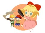  1girl 2boys baseball_bat baseball_cap black_bow black_bowtie black_eyes black_hair blonde_hair blue_eyes blue_pants blush_stickers bow bowl_cut bowtie doseisan dress freckles frying_pan full_body glasses green_jacket green_pants hair_bow hand_on_own_hip happy hat hitofutarai holding holding_baseball_bat holding_frying_pan holding_rocket_launcher holding_weapon jacket jeff_andonuts looking_ahead mother_(game) mother_2 multiple_boys ness_(mother_2) pants paula_(mother_2) pink_dress pink_footwear red_bow red_footwear red_headwear rocket_launcher shirt short_sleeves smoke_trail socks solid_oval_eyes striped striped_shirt weapon white_background white_socks 