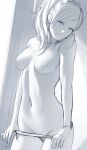  1girl breasts character_request closed_mouth copyright_request english_commentary long_hair looking_at_viewer medium_breasts navel nipples panties panty_pull pomelomelon pulled_by_self sketch smile solo topless underwear undressing white_hair white_panties 