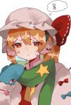  1girl absurdres alternate_costume blonde_hair earmuffs flandre_scarlet gloves green_scarf hair_ribbon hat highres red_eyes ribbon scarf simple_background solo speech_bubble star_(symbol) sweatdrop touhou upper_body user_pxaw4585 white_background 