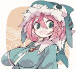  1girl animal_hat aqua_headwear aqua_shirt blush breasts green_eyes hair_between_eyes hat large_breasts long_sleeves massakasama okunoda_miyoi open_mouth pink_hair shirt smile solo touhou upper_body whale_hat 