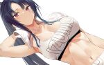  1girl arm_up armpits bare_shoulders black_hair breasts cleavage collarbone highres hiiragi_yuuichi large_breasts looking_at_viewer midriff navel parted_bangs parted_lips purple_eyes simple_background solo sports_bra towel towel_around_neck white_background white_sports_bra white_towel 