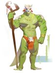 3:4 abs absurd_res anthro biceps bone boo_fu bottomwear clothing green_body green_scales hi_res lihzahrd lizard loincloth male mask muscular muscular_anthro muscular_male nipples pecs reptile scales scalie skull skull_mask solo staff terraria witch_doctor_(terraria)