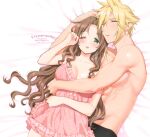  1boy 1girl aerith_gainsborough artist_name bed_sheet black_male_underwear blonde_hair blush breasts brown_hair cleavage closed_eyes cloud_strife couple dated earrings final_fantasy final_fantasy_vii final_fantasy_vii_remake frilled_negligee green_eyes hair_between_eyes hetero jewelry krudears long_hair male_underwear medium_breasts negligee on_bed one_eye_closed parted_bangs parted_lips pink_negligee rubbing_eyes saliva short_hair sidelocks single_earring sleeping spiked_hair sweatdrop topless_male twitter_username underwear wavy_hair 