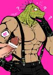  1boy 2boys ? ?? animal_head bara blush_stickers caiman_(dorohedoro) climaxmukr cowboy_shot curious dorohedoro erection flying_sweatdrops green_scales heart large_pectorals looking_at_penis male_focus mars_symbol multiple_boys muscular muscular_male nipples pants pectorals profile reptile_boy sideways_glance solo_focus spoken_heart spoken_mars_symbol suspenders yaoi 