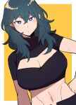  1girl abs bangs black_shirt blue_eyes blue_hair border breasts byleth_(fire_emblem) byleth_(fire_emblem)_(female) cleavage_cutout closed_mouth clothing_cutout commentary_request do_m_kaeru fire_emblem fire_emblem:_three_houses hair_between_eyes hand_on_hip large_breasts long_hair looking_at_viewer midriff outside_border shirt short_sleeves solo turtleneck white_border yellow_background 
