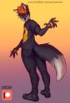anthro black_clothing boots bottomwear canid canine clothing collar ear_piercing facial_piercing footwear fox hair male mammal nose_piercing orange_hair orange_tongue pants piercing rexwind shirt solo text tongue tongue_out topwear url yellow_eyes