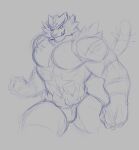 2021 abs absurd_res anthro biceps bulge cheek_tuft clothed clothing facial_tuft fangs fist generation_7_pokemon grey_background grin hi_res incineroar jockstrap jockstrap_only maiofu male monochrome mostly_nude_anthro muscular muscular_anthro muscular_arms muscular_male nintendo pecs pokemon pokemon_(species) scar simple_background sketch smile solo teeth topless tuft underwear underwear_only
