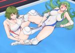  2girls ahegao boots breasts collarbone covered_navel cross-laced_footwear crotch_rub elbow_pads frog_hair_ornament green_eyes green_hair hair_ornament hair_tubes j.a.l kazami_yuuka knee_pads kochiya_sanae large_breasts long_hair multiple_girls open_mouth pain red_eyes ryona short_hair snake_hair_ornament submission_hold swimsuit touhou touhou_tag_dream white_footwear white_one-piece_swimsuit wrestling wrestling_outfit wrestling_ring 
