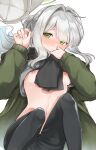  1girl black_pants blue_archive blush breasts closed_mouth commentary_request fujisen green_eyes green_halo green_jacket grey_hair hair_intakes halo hare_(blue_archive) hare_(camp)_(blue_archive) hat highres jacket long_hair long_sleeves looking_at_viewer lying navel nipples nose_blush official_alternate_costume on_back open_clothes open_jacket pants parted_bangs ponytail puffy_long_sleeves puffy_sleeves small_breasts solo stomach unworn_hat unworn_headwear white_hair 