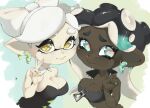  2girls a_a2001214 aqua_eyes aqua_hair black_dress black_hair bow-shaped_hair breasts cephalopod_eyes cleavage closed_mouth commentary_request dark-skinned_female dark_skin dress earrings glint highres jewelry large_breasts long_hair marie_(splatoon) marina_(splatoon) mole mole_under_mouth multicolored_hair multiple_girls pink_pupils pointy_ears short_hair smile splatoon_(series) splatoon_1 splatoon_2 star-shaped_pupils star_(symbol) strapless strapless_dress symbol-shaped_pupils tentacle_hair thick_eyebrows two-tone_hair upper_body v white_hair yellow_eyes 