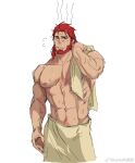  1boy abs bara beard belgrieve_(s-rank_musume) boukensha_ni_naritai_to_miyako_ni_deteitta_musume_ga_s_rank_ni_natteta brown_eyes cropped_legs facial_hair forked_eyebrows full_beard head_steam highres kantocryz large_pectorals long_hair male_focus mature_male muscular muscular_male navel navel_hair nipples old old_man pectorals red_hair solo sparse_chest_hair stomach thick_beard thick_eyebrows topless_male unfinished wrinkled_skin 