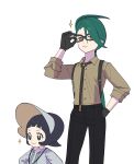  2girls adjusting_eyewear black-framed_eyewear black_eyes black_hair black_necktie black_pants closed_mouth collared_shirt eyelashes gloves green_hair grey_headwear grey_jacket grey_pupils hair_between_eyes hand_in_pocket hand_up highres jacket jaho long_hair multiple_girls necktie pants pokemon pokemon_sv poppy_(pokemon) rika_(pokemon) shirt short_hair simple_background sleeves_rolled_up smile sparkle suspenders visor_cap white_background 