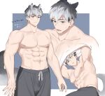  1boy abs animal_ears bara bare_pectorals blue_eyes closed_mouth dog_boy dog_ears dog_tail grey_hair grey_pants highres large_pectorals male_focus multicolored_hair multiple_views muscular muscular_male navel nipples open_mouth original pants pectorals rio_mukiniki shirt short_hair solo tail topless_male two-tone_hair undressing white_shirt 