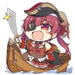  1girl :d anchor arrow_through_heart ascot black_thighhighs boat chibi coat commentary_request fang hair_ribbon hand_on_own_hip hat hololive houshou_marine houshou_marine_(1st_costume) jacket leotard leotard_under_clothes low_twintails pirate_hat pleated_skirt red_ascot red_eyes red_hair red_jacket red_ribbon red_skirt ribbon saber_(weapon) sidelocks skirt sleeveless sleeveless_jacket smile solo sword thighhighs tottori transparent_background twintails two-sided_coat two-sided_fabric virtual_youtuber watercraft weapon 