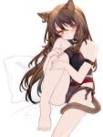  1girl animal_ears arknights arm_strap backless_swimsuit bare_shoulders barefoot black_one-piece_swimsuit brown_hair cat_ears cat_girl cat_tail ear_piercing highres knee_up kochiya_(gothope) large_tail long_hair looking_at_viewer no_shoes o-ring o-ring_swimsuit official_alternate_costume one-piece_swimsuit piercing sitting skyfire_(arknights) skyfire_(temperature_difference)_(arknights) swimsuit tail white_background yes-no_pillow 
