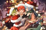  3girls absurdres aged_down blue_hair blurry braid brown_cloak christmas_tree cloak closed_mouth depth_of_field drooling eris_greyrat flat_chest gingerbread_man green_hair green_scarf hair_between_eyes hat highres humany long_bangs long_hair looking_at_another merry_christmas multiple_girls mushoku_tensei open_mouth pointy_ears red_eyes red_hair roxy_migurdia santa_costume santa_hat scarf smile snowing sparkling_eyes sylphiette_(mushoku_tensei) twin_braids 