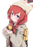  1girl absurdres backpack bag beanie blue_archive blue_eyes blush brown_shirt chun_jiang closed_mouth collared_shirt food grey_headwear grey_jacket hair_between_eyes halo hat highres holding holding_food jacket long_hair long_sleeves looking_at_viewer maki_(blue_archive) maki_(camp)_(blue_archive) official_alternate_costume open_clothes open_jacket red_hair red_halo shirt simple_background smile solo sweet_potato upper_body white_background white_shirt 