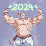  1boy 2024 bara belt brown_belt crave_saga eschados_(crave_saga) facial_hair glasses grey_background holding_glowstick kumao-caffe large_pectorals male_focus multicolored_hair muscular muscular_male mustache nipples old old_man opaque_glasses pants pectorals plump red_hair short_hair solo sparkle steaming_body sweat topless_male two-tone_hair very_sweaty white_hair white_pants 