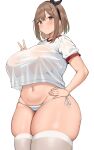  absurdres atelier_(series) atelier_ryza breasts brown_eyes brown_hair cowboy_shot fat highres huge_breasts neneneji panties plump reisalin_stout shirt short_hair thick_thighs thighs underwear v 