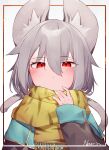  1girl animal_ear_fluff animal_ears animal_print bangs blue_capelet blush capelet character_name closed_mouth commentary_request grey_hair kibayashi_kimori looking_at_viewer mouse_ears mouse_girl mouse_tail nazrin print_scarf red_eyes scarf short_hair sleeves_past_wrists solo tail tiger_print touhou upper_body white_background yellow_scarf 