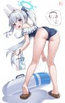  1boy 1girl absurdres animal_ears ass bent_over black_one-piece_swimsuit blue_archive blue_halo blush breasts doodle_sensei_(blue_archive) fake_animal_ears frilled_one-piece_swimsuit frills full_body grey_hair halo highres kneepits long_hair looking_at_viewer miyako_(blue_archive) miyako_(swimsuit)_(blue_archive) off-shoulder_one-piece_swimsuit off_shoulder official_alternate_costume one-piece_swimsuit open_mouth ponytail purple_eyes rabbit_ears sandals sensei_(blue_archive) simple_background small_breasts smile swimsuit white_background yj_(yojo_san) 
