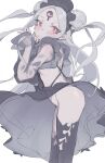  1girl abigail_williams_(fate) abigail_williams_(swimsuit_foreigner)_(fate) abigail_williams_(swimsuit_foreigner)_(first_ascension)_(fate) black_dress black_thighhighs blush bottomless closed_mouth colored_skin double_bun dress fate/grand_order fate_(series) frills grey_hair grey_skin hair_bun highres keyhole long_hair long_sleeves nemo_(leafnight) pale_skin pink_eyes see-through solo thighhighs third_eye very_long_hair 